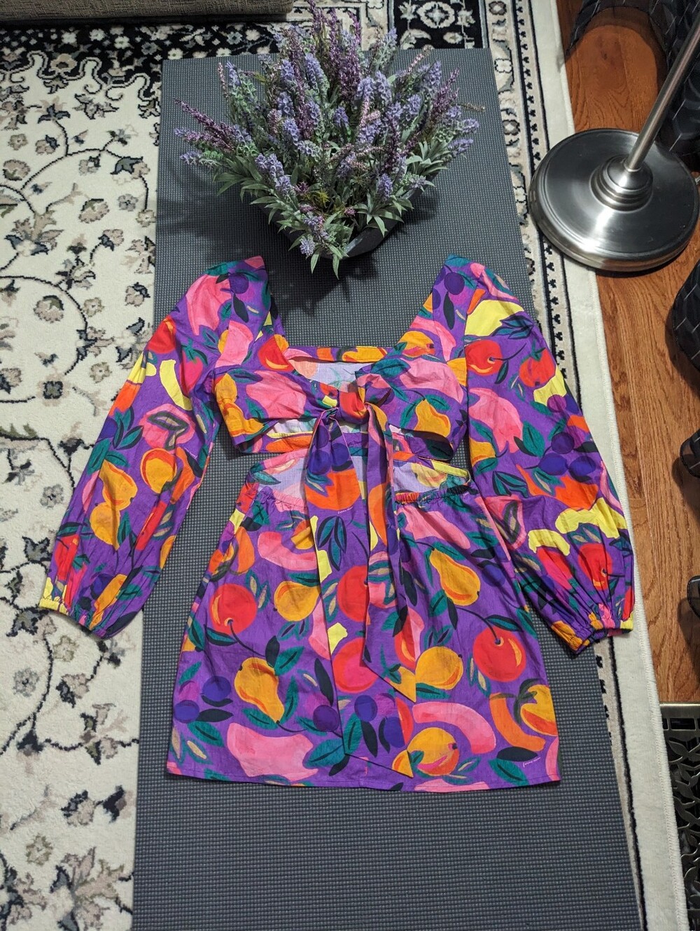 🆕 FARM Rio Purple Cutout Puff-Sleeve Mini Dress - Picture 4 of 11